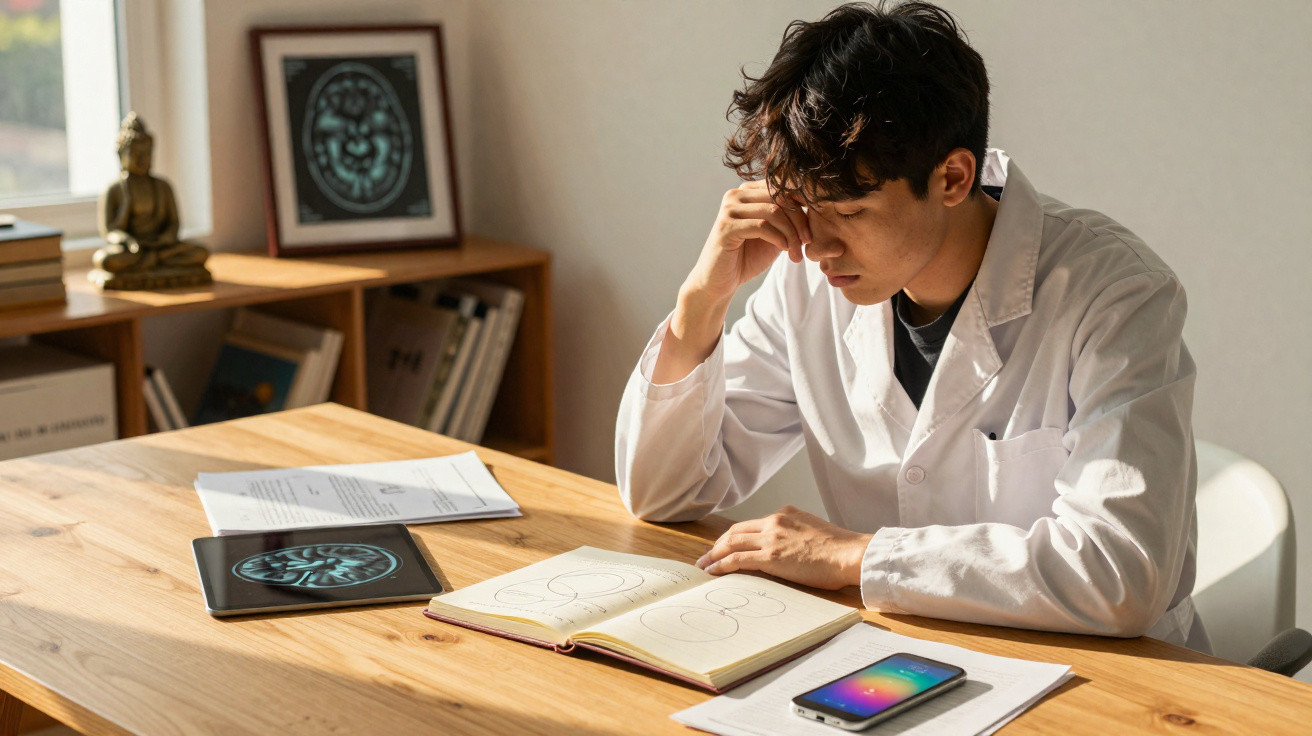 Young male scientist in lab coat studying brain scan images and notes at wooden desk in bright room