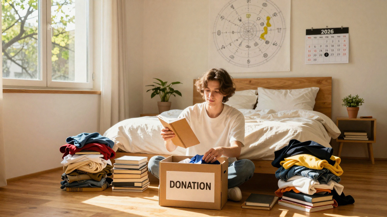 Young person sitting on floor packing books into a donation box in a bright bedroom with piles of clothes nearby.