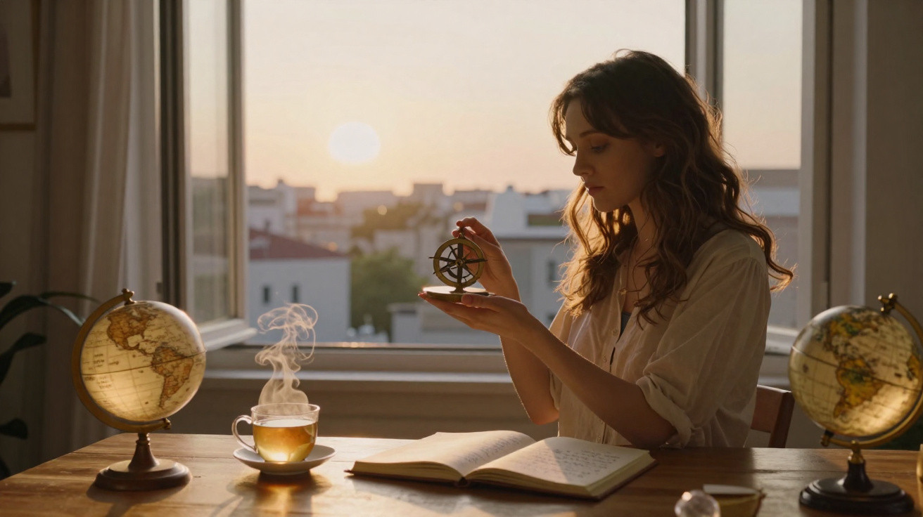 Woman holding an armillary sphere at a wooden table with two globes, a steaming cup of tea, and an open notebook at sunset.