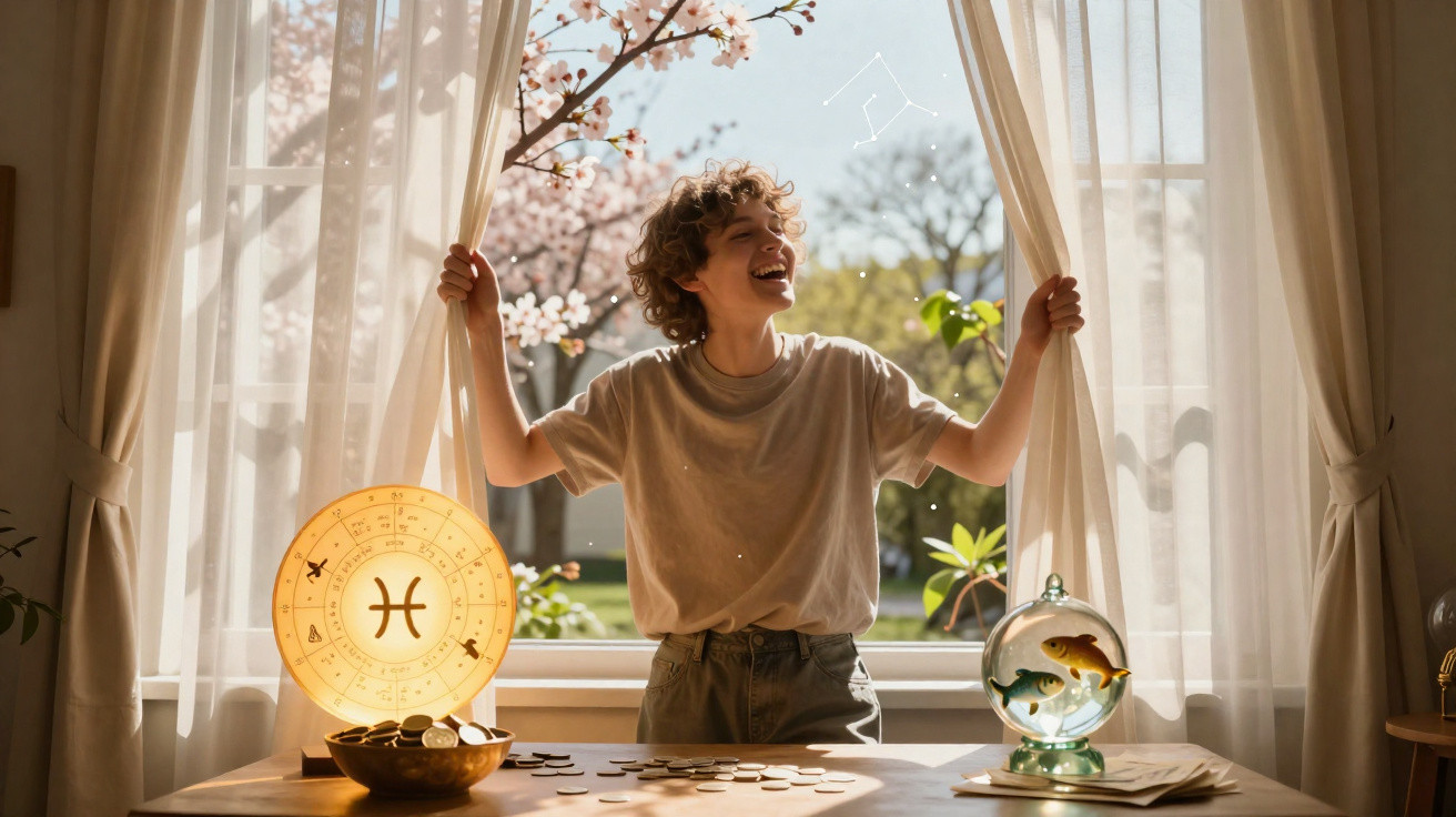 Young person opening curtains, standing by a table with zodiac Pisces symbols and coins in a sunlit room.