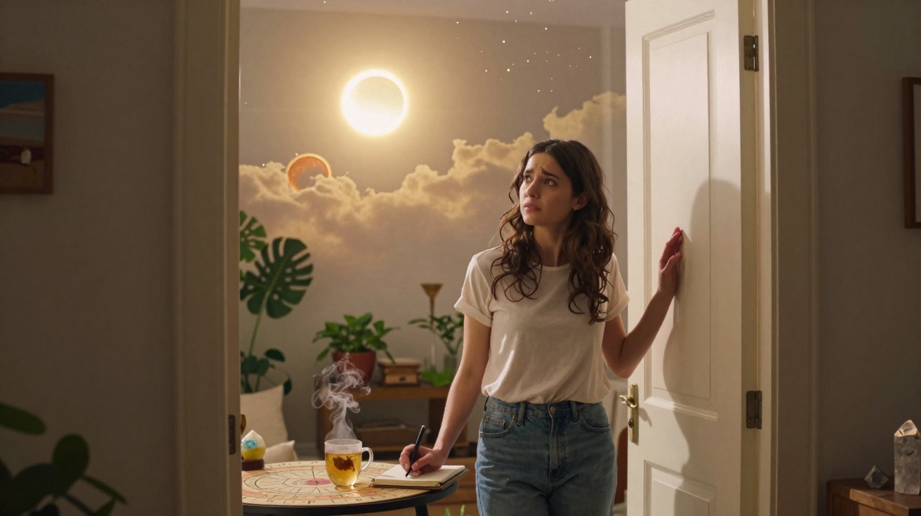 Young woman standing by a door holding a pen, looking up at a glowing celestial projection on a wall.