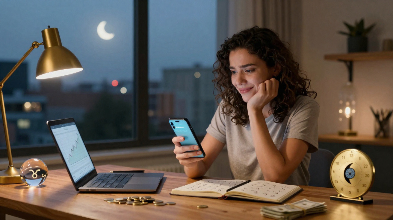 Young woman smiling at phone while working late at desk with laptop, clock, notes, and coins by a window at night.