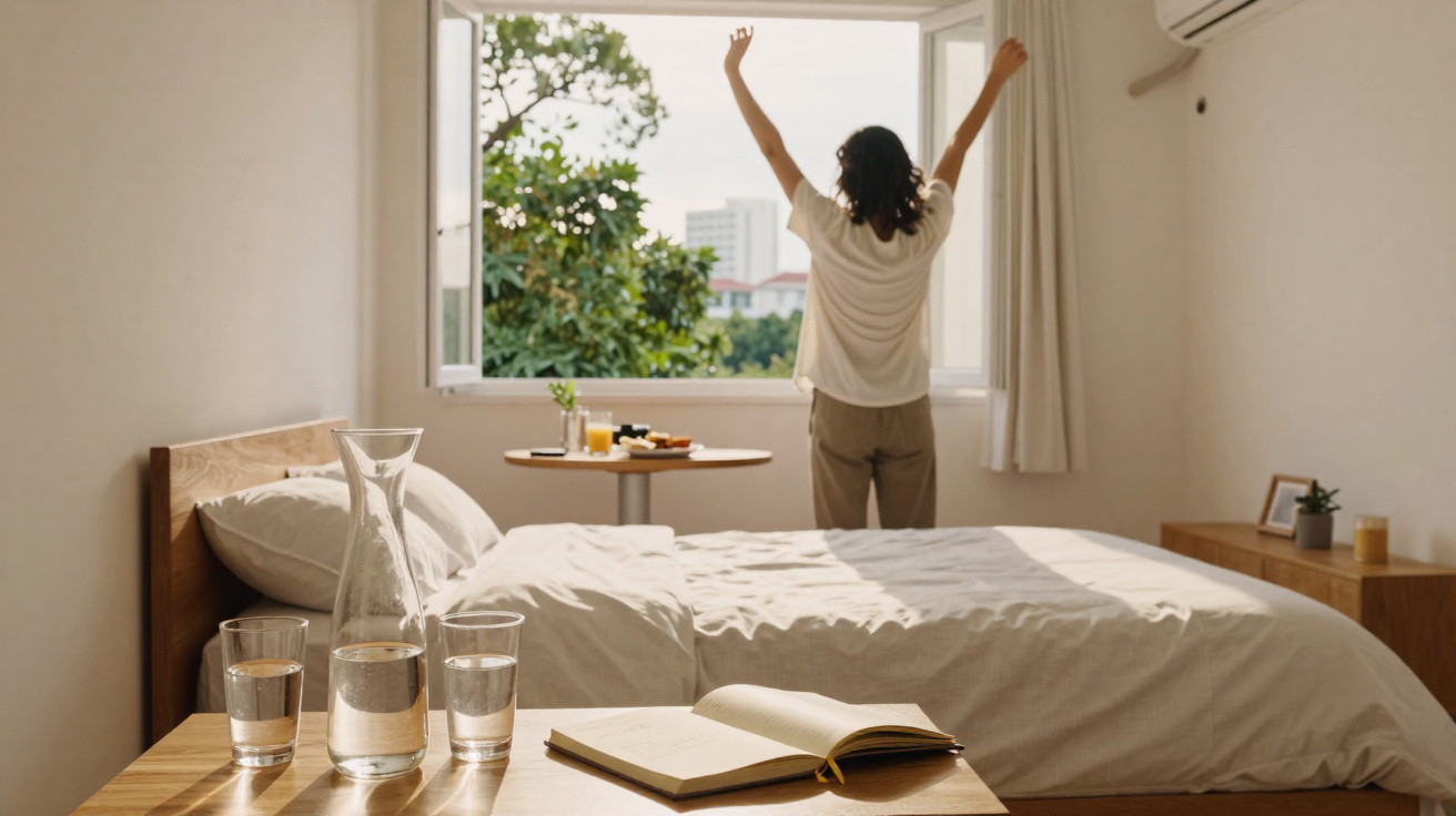 Person stretching by an open window in a bright, minimalist bedroom with a made bed and a book on the table.