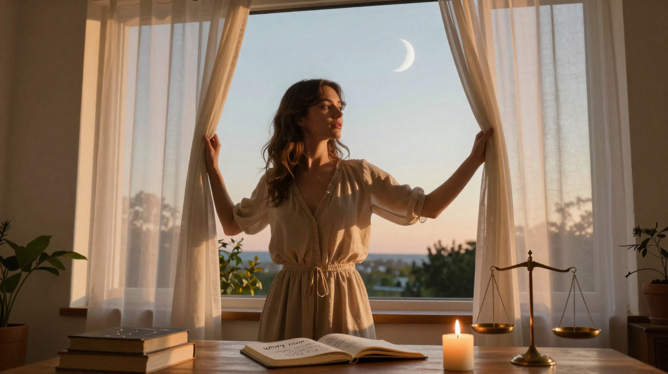 Woman in a beige dress opening curtains with crescent moon outside, next to candle, balance scale, and open book on table.