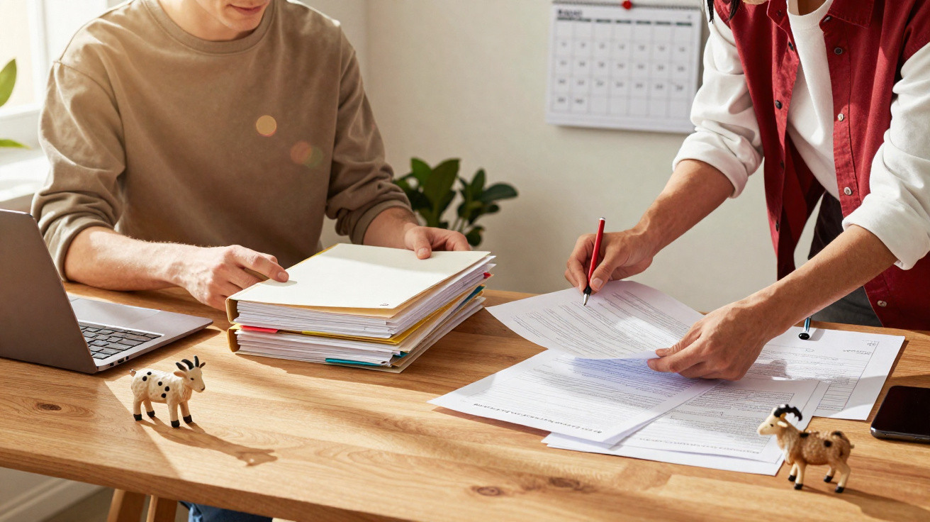 Two people organising paperwork on a wooden desk with a laptop and small toy goats.