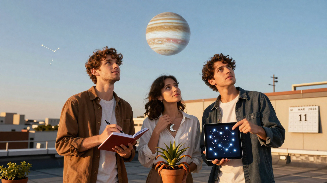 Three people observing and recording constellations with a digital tablet and notebook under a floating planet.