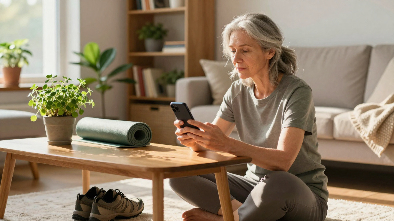 Middle-aged woman in casual clothes sitting on floor at a wooden table, using smartphone in a bright living room.