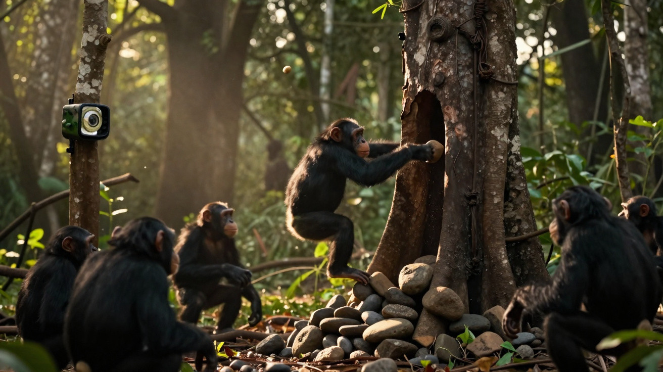 Group of chimpanzees in a forest, one reaching into a tree hollow surrounded by piled stones.