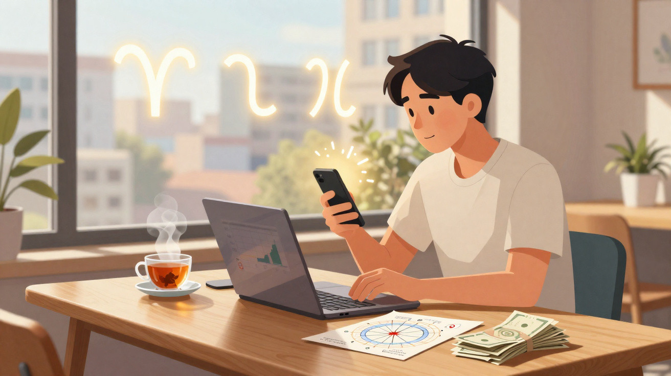 Young man checking phone and working on laptop at a table with tea, charts, cash, and zodiac signs in background.