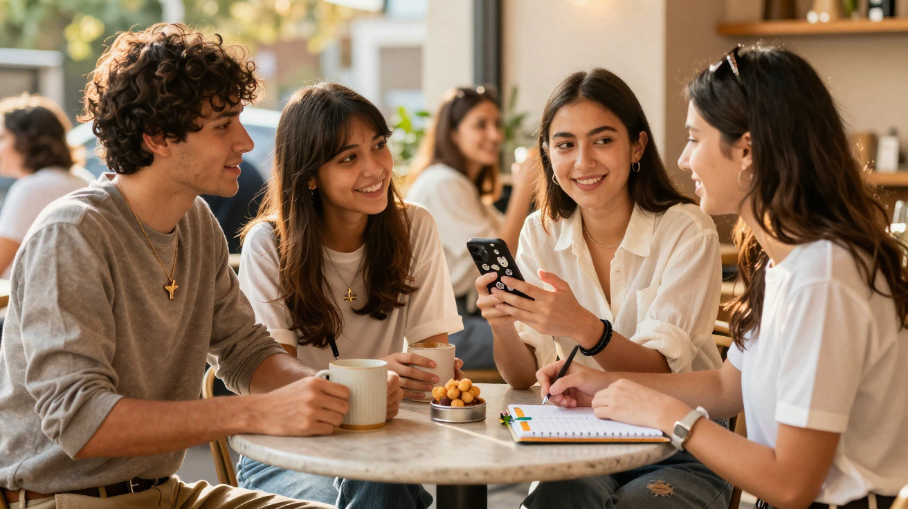 Four young adults sitting at a table in a café, smiling and chatting with drinks and a notebook.