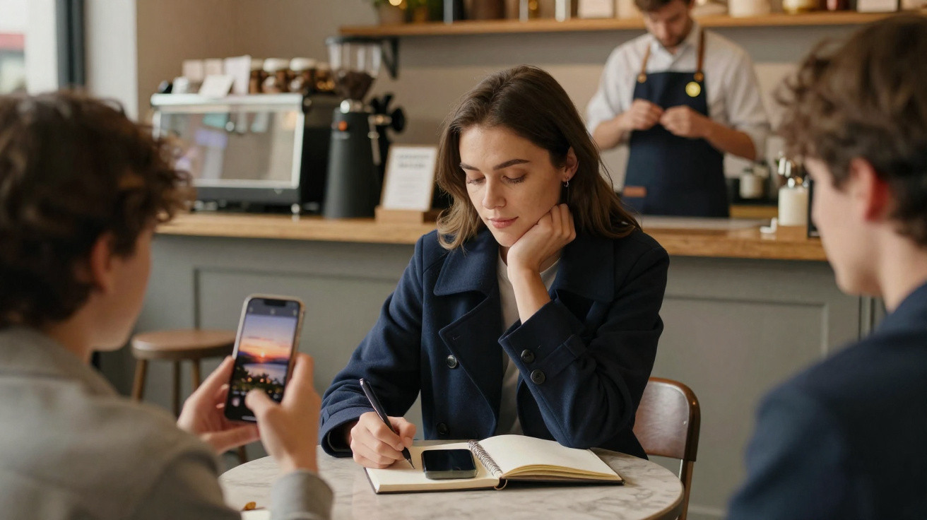 Young woman writing in notebook at café table with two people and barista in background
