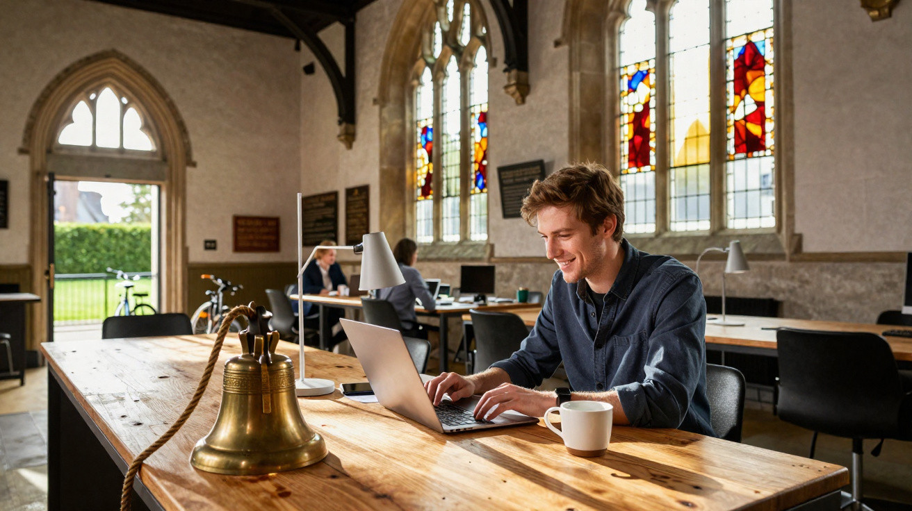 Young man working on laptop with coffee in a bright room featuring stained glass windows and wooden tables.
