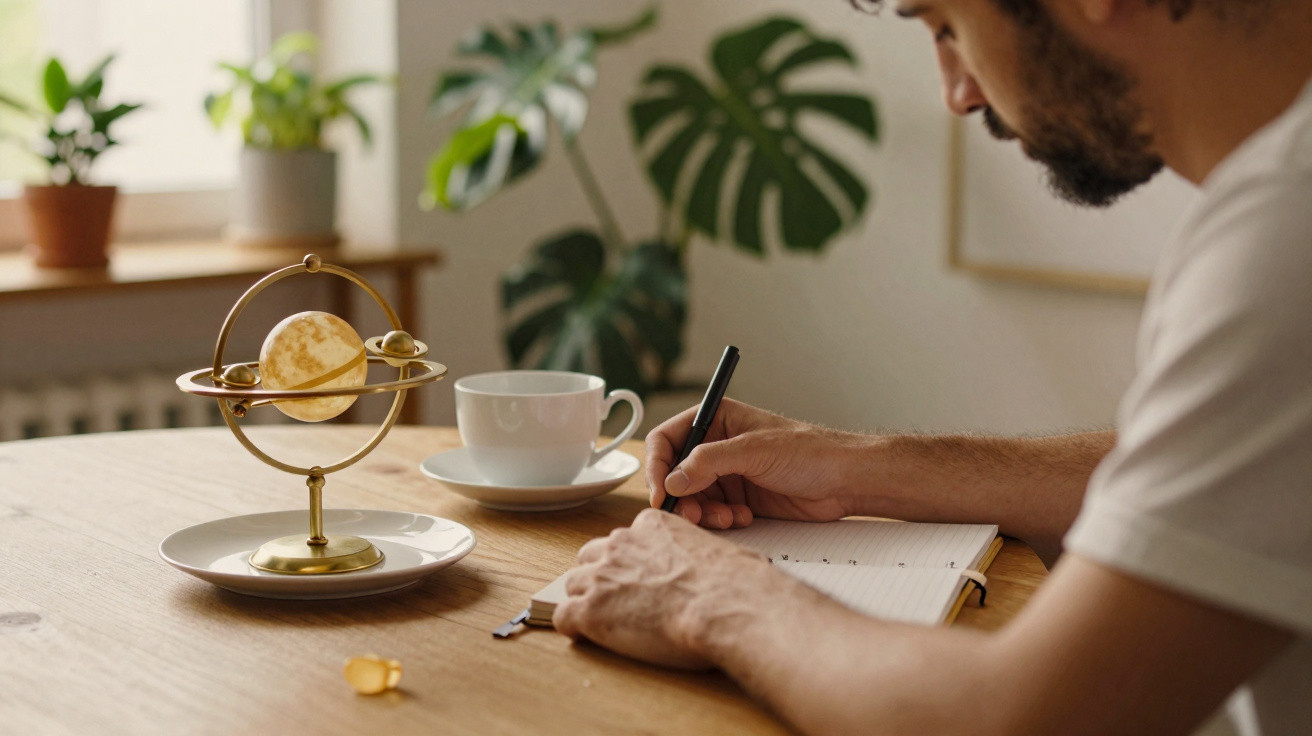 Man writing in notebook at wooden table with decorative solar system model and white cup in bright room