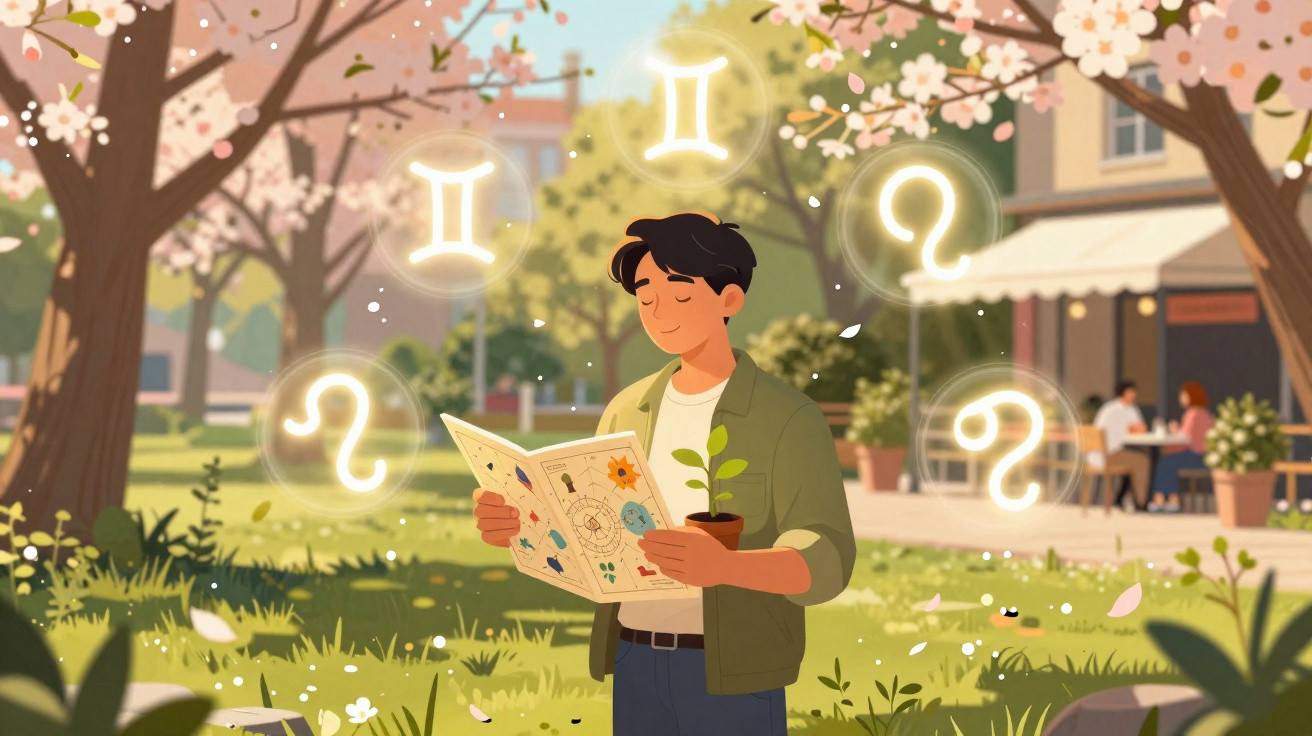 Young man reading astrology book under blossom trees with glowing zodiac signs around him outdoors.