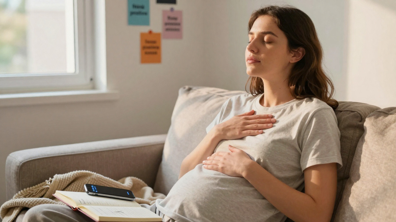 Pregnant woman sitting on sofa with eyes closed, practicing breathing exercises, hands on chest and belly.