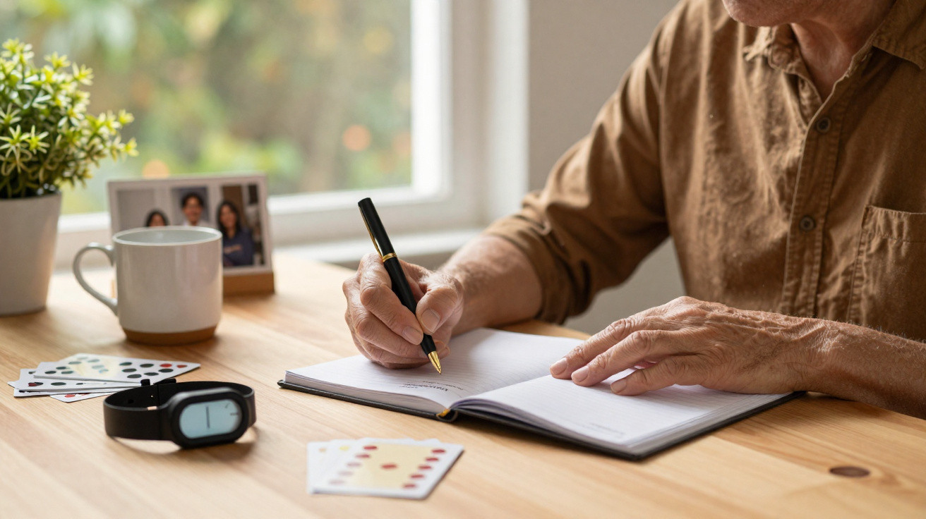 Elderly person writing in a notebook at a wooden table with playing cards, watch, mug, and family photo nearby.