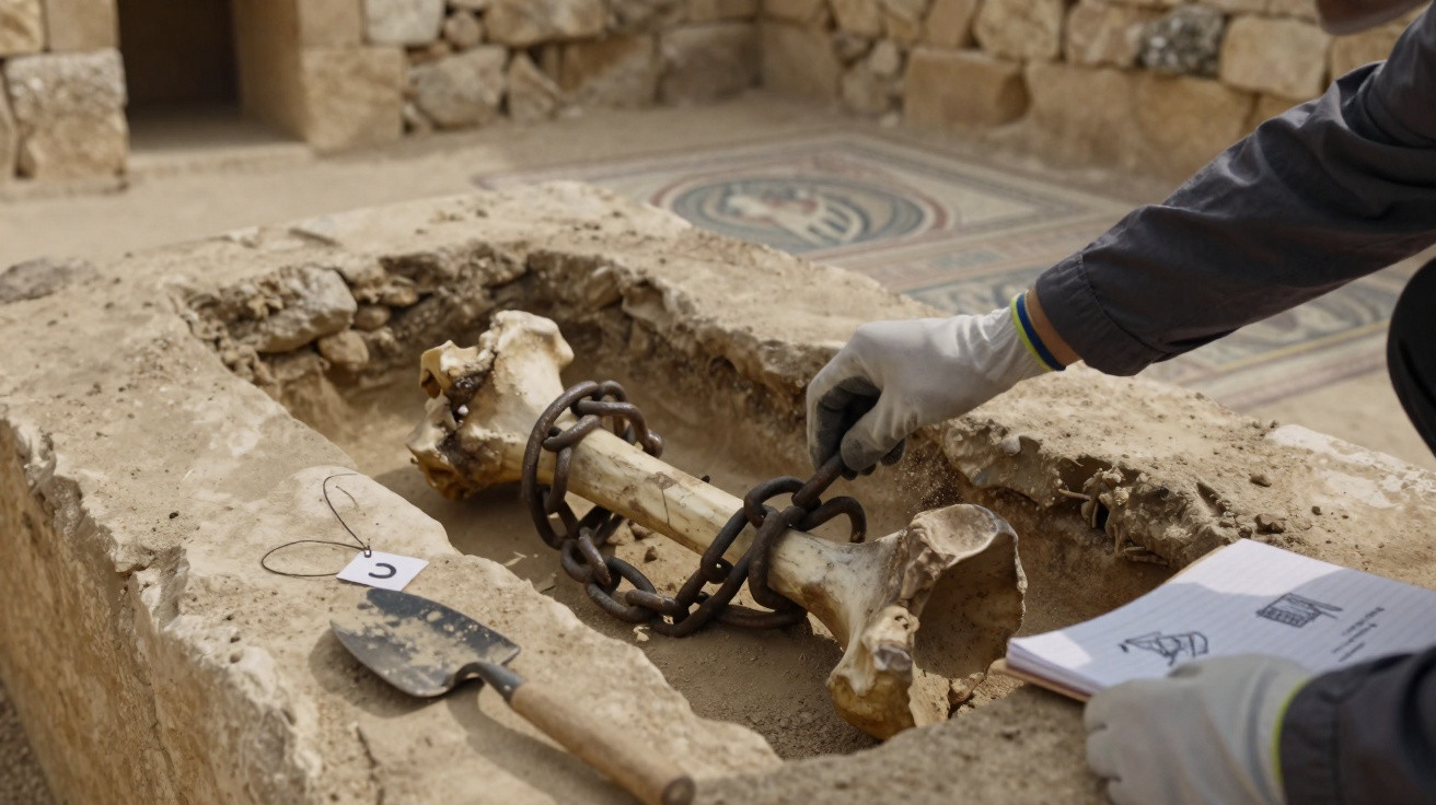 Archaeologist examines ancient human leg bone shackled with rusted chains in stone coffin at excavation site.