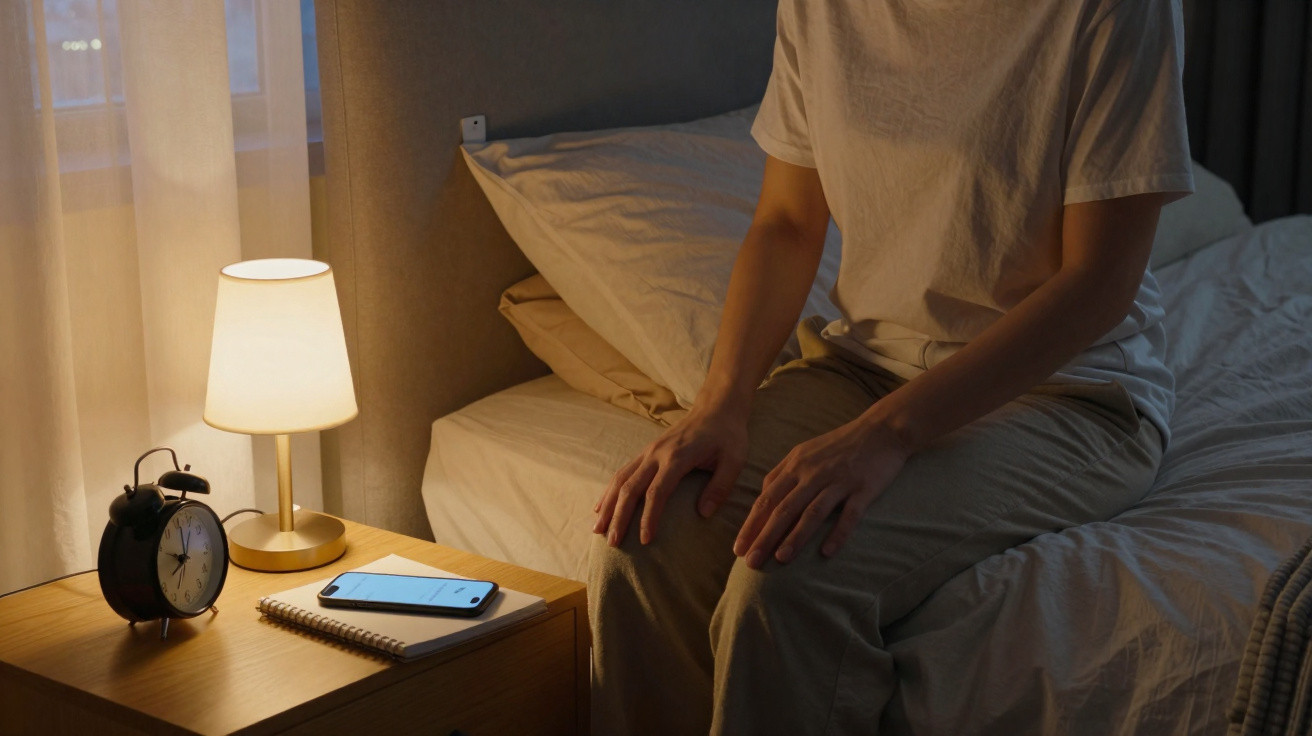 Person sitting on edge of bed at night with a bedside table holding a lamp, alarm clock, and smartphone.