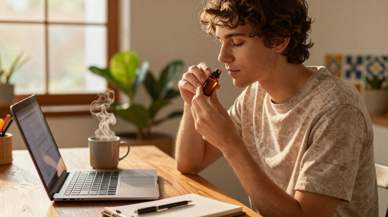 Young man smelling essential oil from a small amber bottle while sitting at a wooden desk with laptop and notebook.