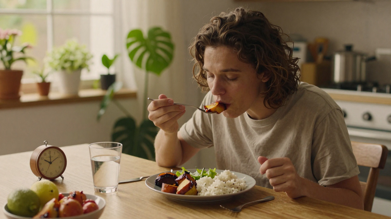 Person with curly hair eating a meal of rice and vegetables at a kitchen table with plants in the background.