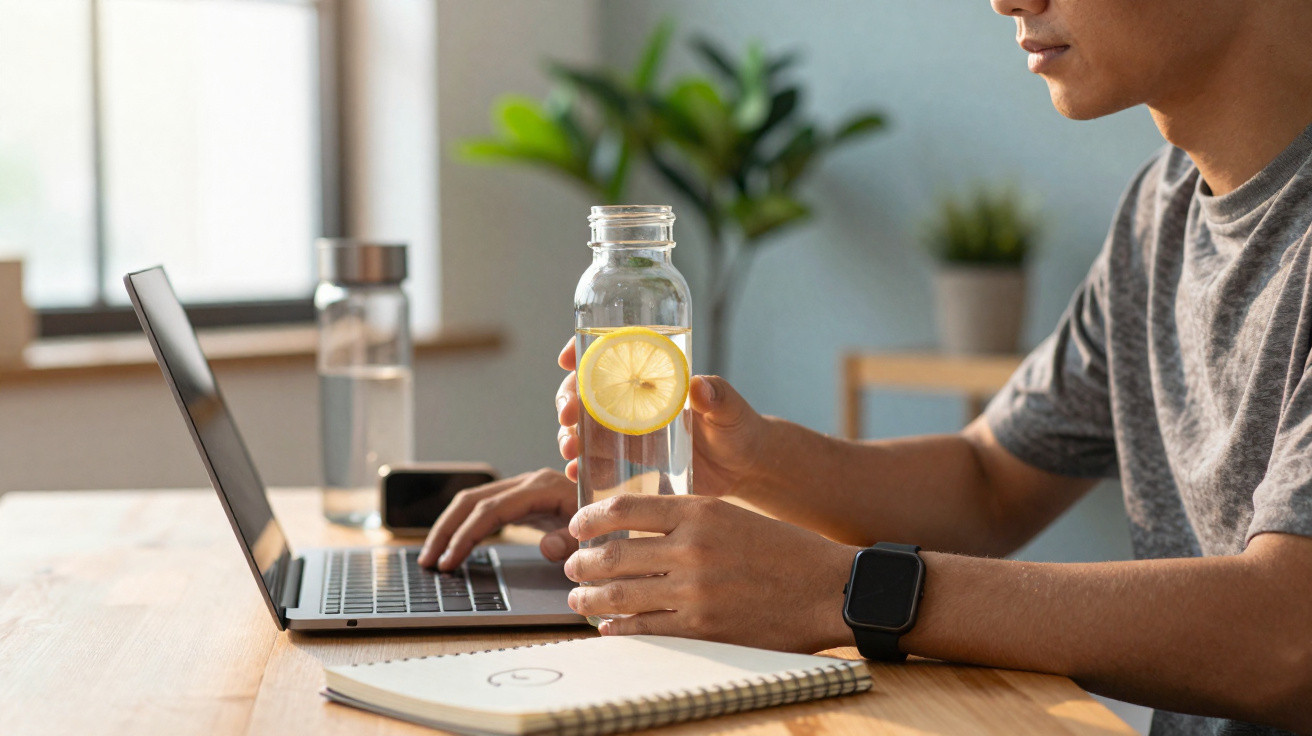 Person holding a glass bottle with lemon water while working on a laptop at a wooden table.
