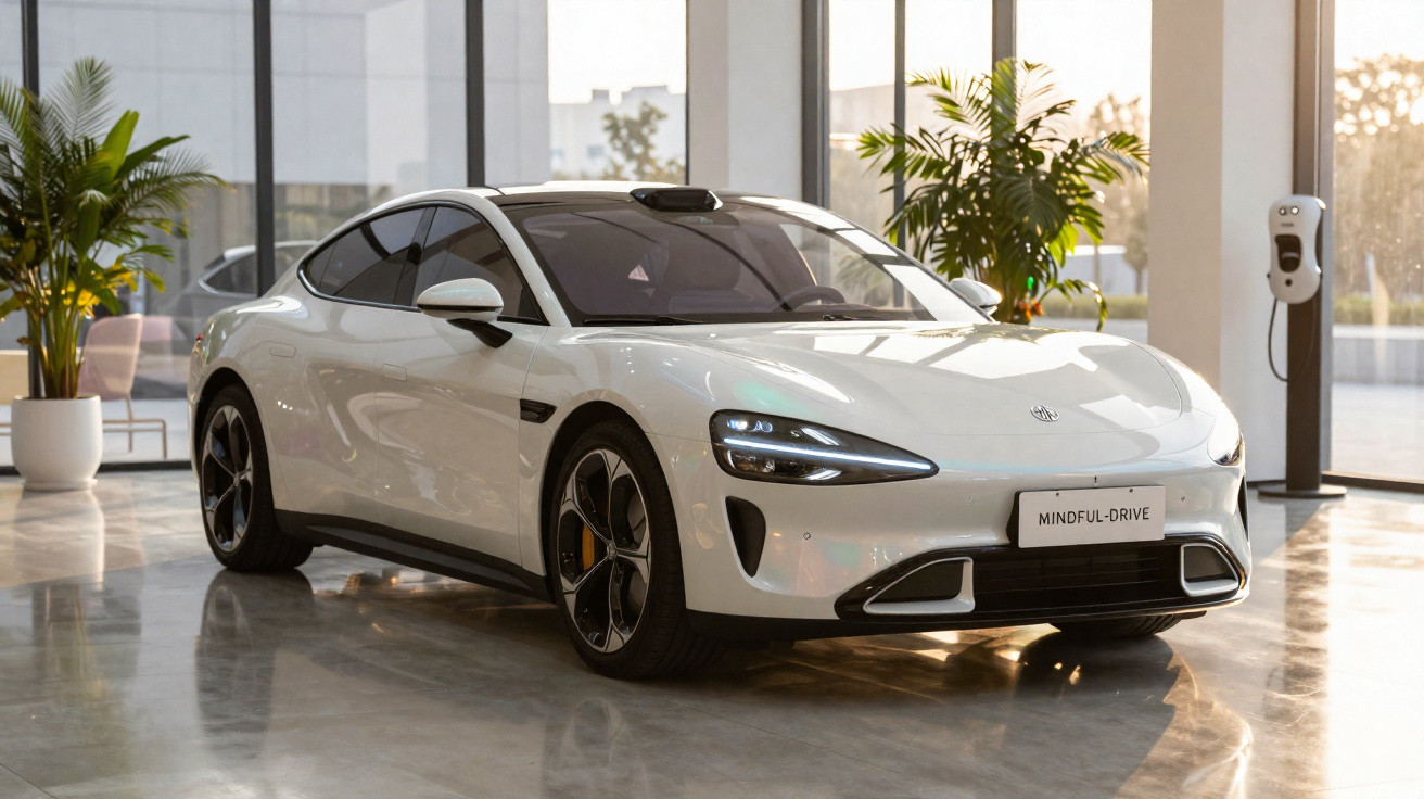 White electric sports car 'Mindful-Drive' parked indoors near charging station and plants.