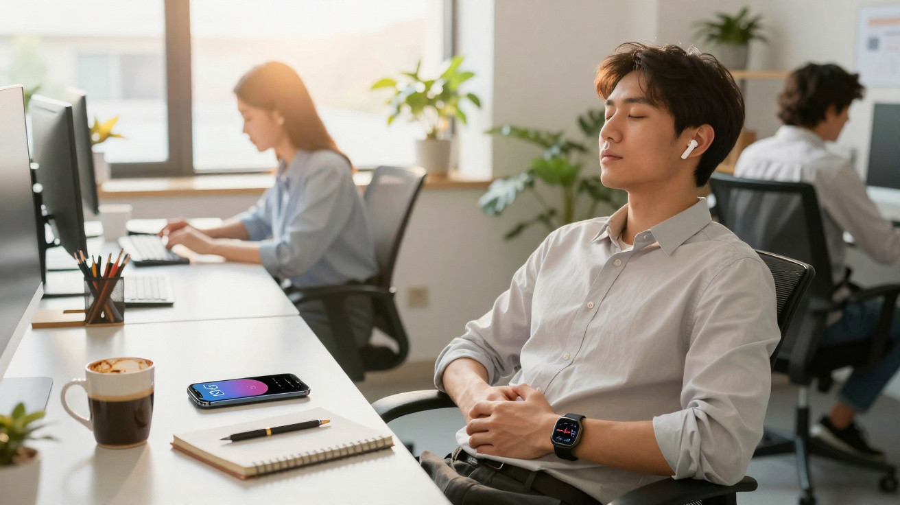 Young man in office chair with eyes closed wearing earbuds, smartwatch on wrist, colleagues working in background.