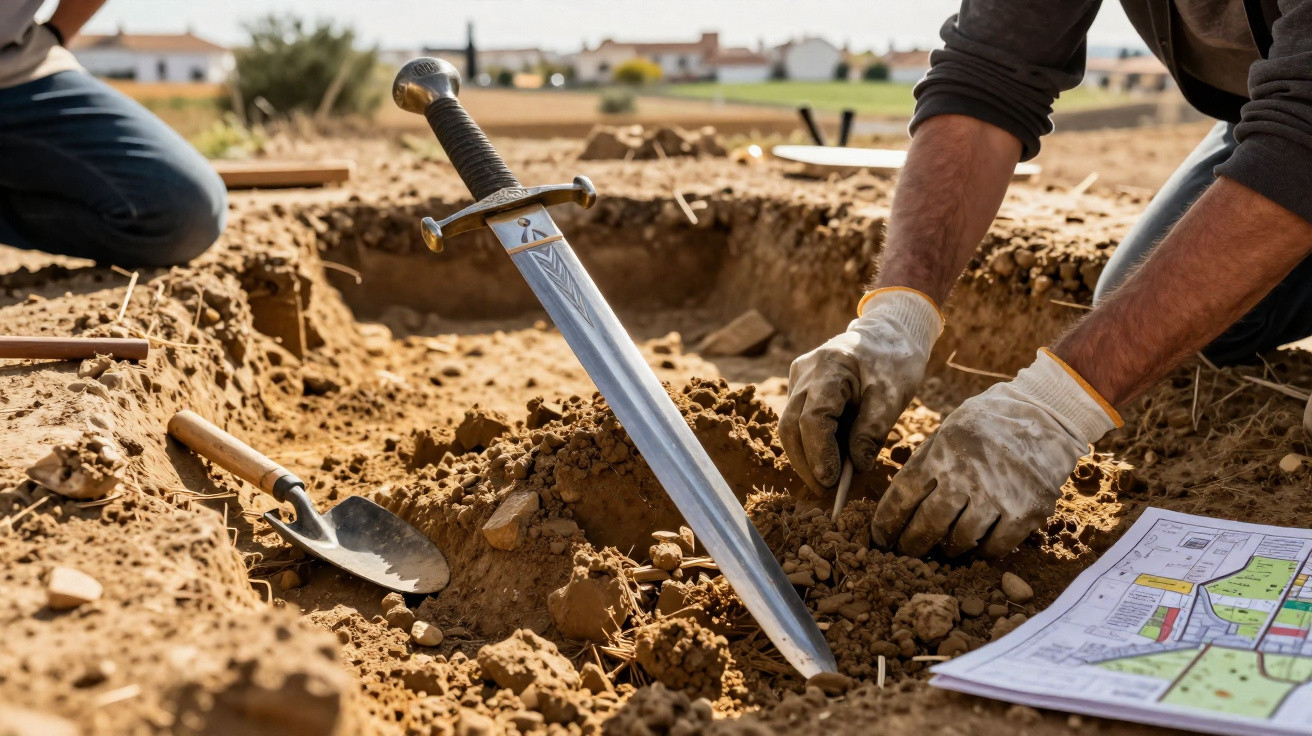Archaeologists excavating a site with a medieval sword partially buried in the dirt next to a plan and tools.