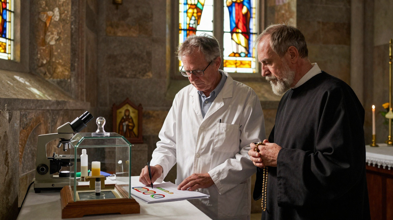 Scientist analysing religious relics with a priest inside a church with stained glass windows.