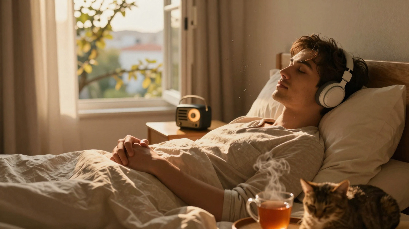 Young man relaxing in bed with headphones on, a steaming cup of tea, and a cat nearby by an open window.