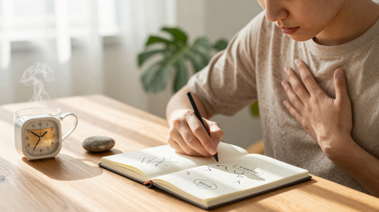 Person writing in a notebook with diagrams on a wooden table beside a steaming cup and a stone.