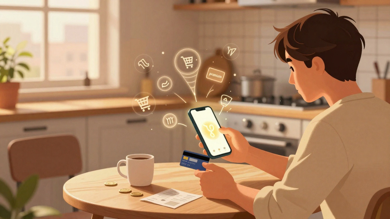 Person using smartphone and credit card at kitchen table with digital shopping icons floating above phone.