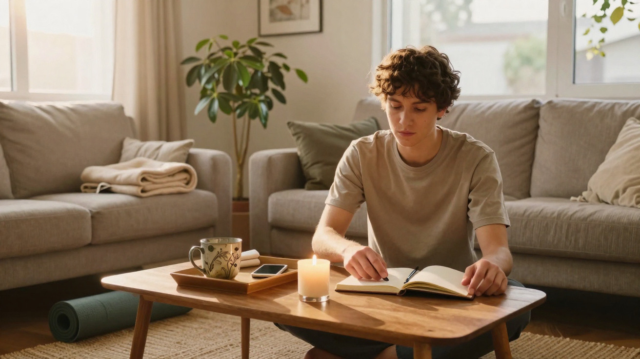 Young person sitting at a wooden table reading a book with a lit candle and mug in a cosy living room.