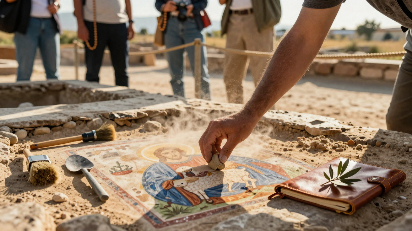 Conservator carefully cleaning a colourful ancient fresco with brushes and tools at an archaeological site.