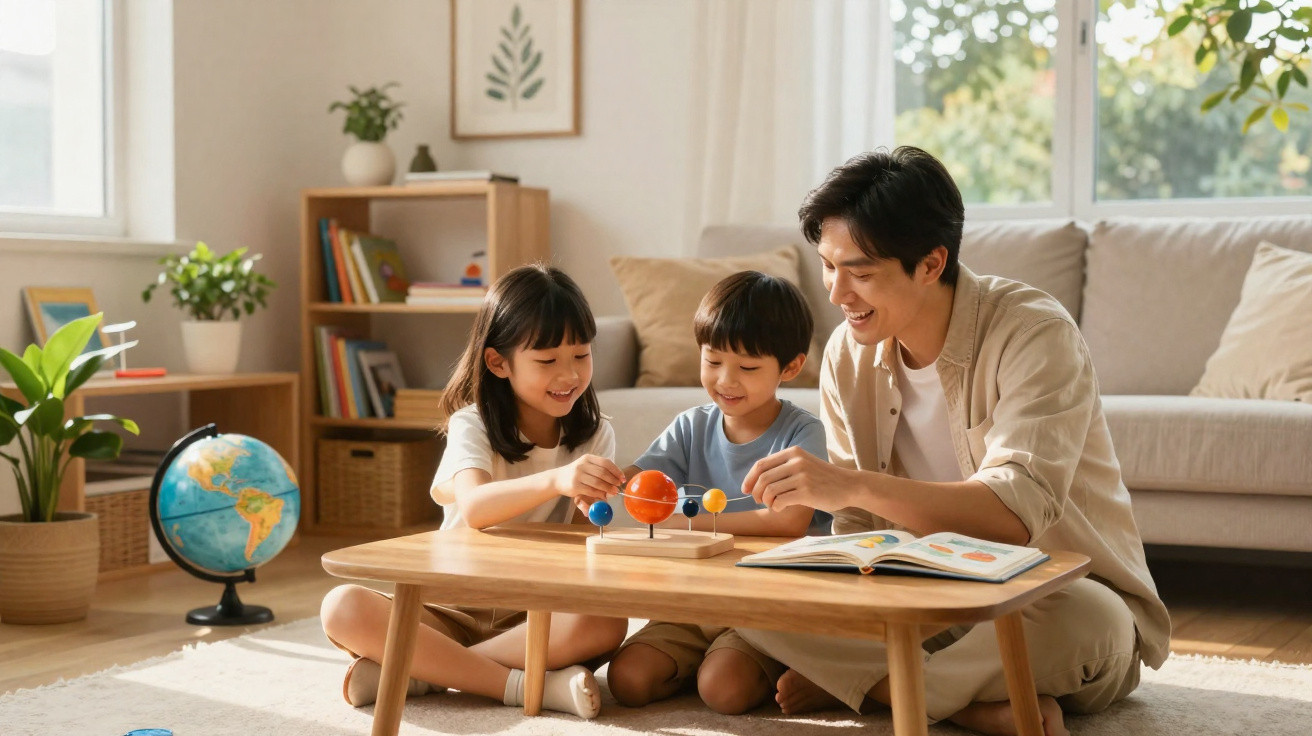 Father and children sitting on floor at table assembling a solar system model in a living room.