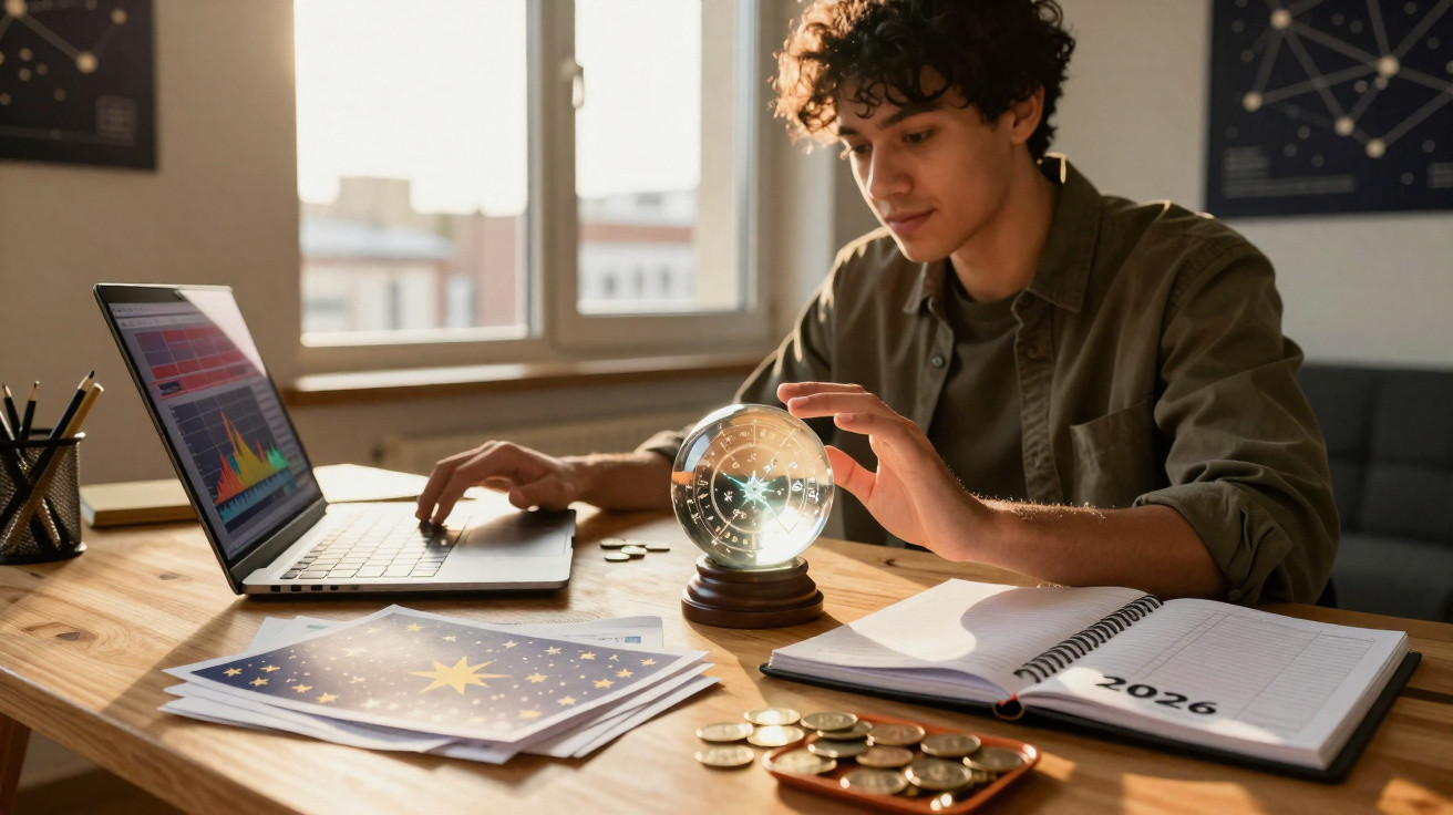 Young man examining a glowing crystal ball on a desk with charts, coins, laptop, and a 2026 planner.