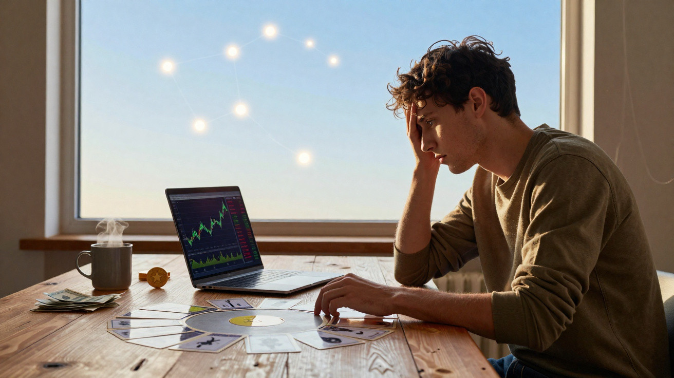 Young man analysing cryptocurrency data on laptop with tarot cards spread on wooden table at home.