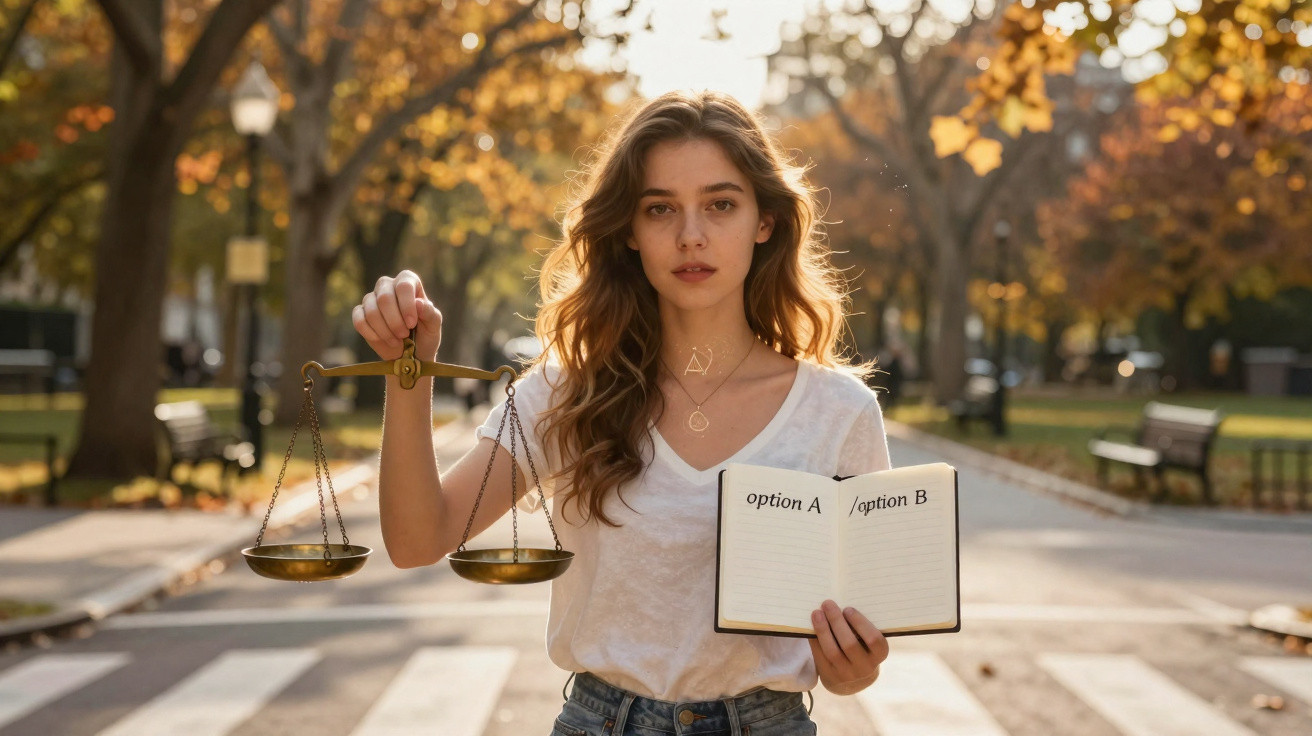 Young woman outdoors holding a balance scale in one hand and a notebook showing options A and B in the other.