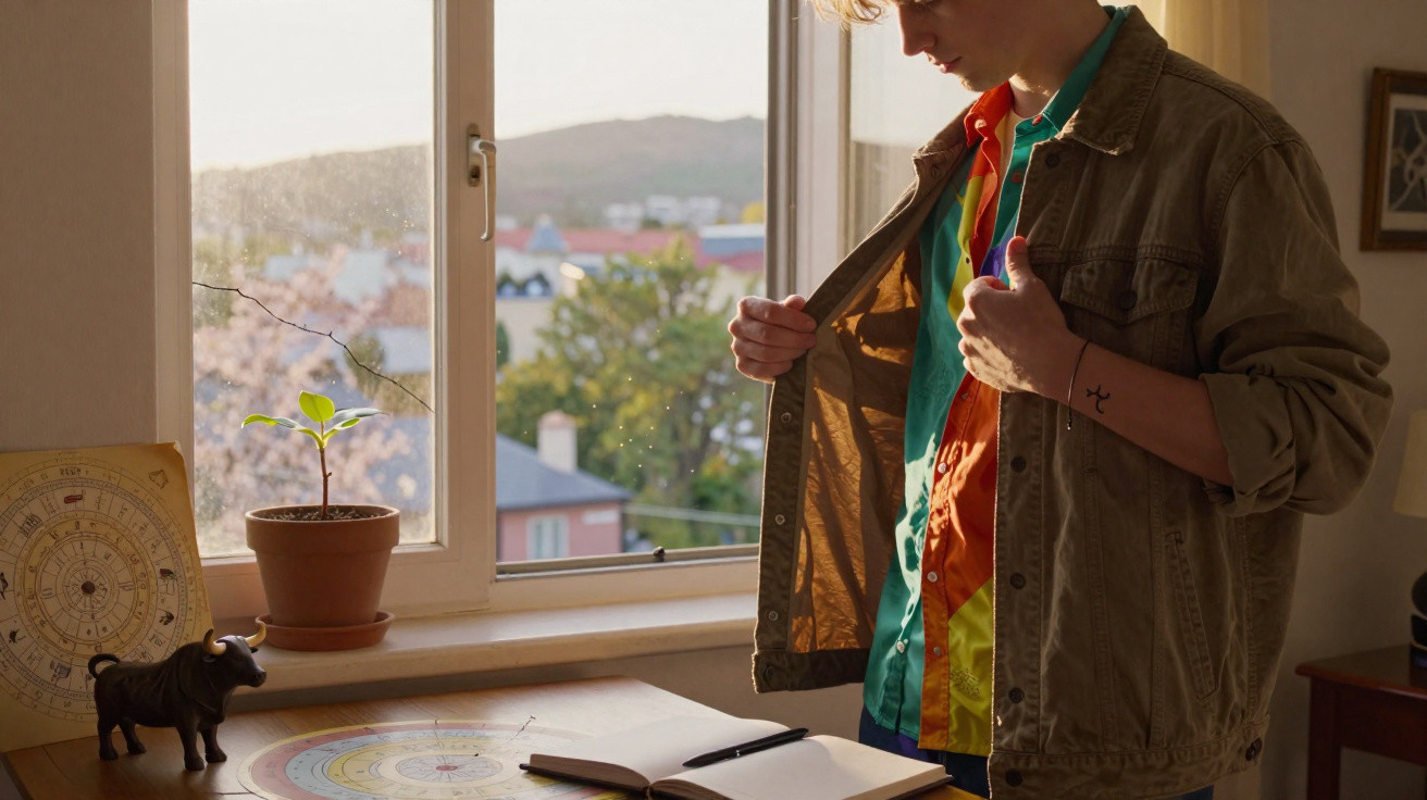Person in rainbow shirt and brown jacket standing by a window with a potted plant and open notebook on the table.