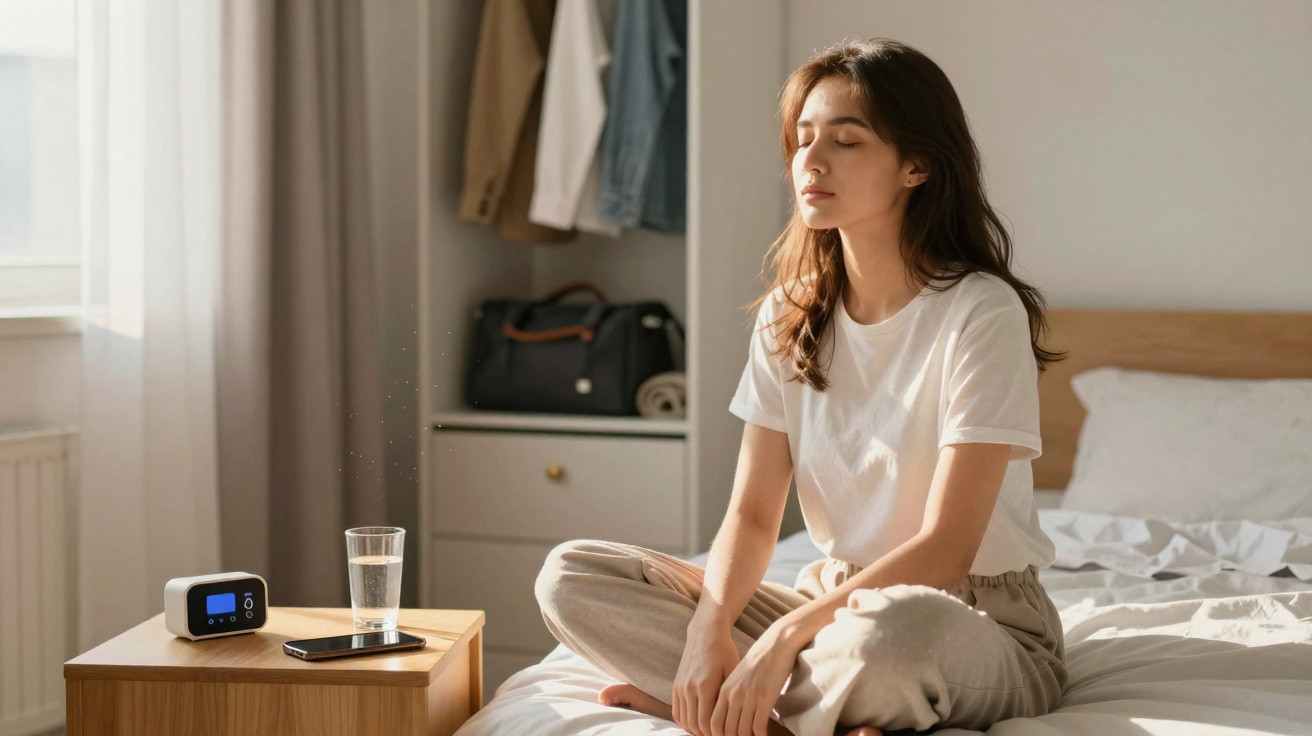 Young woman sitting cross-legged on bed with eyes closed, meditating in sunlit bedroom.