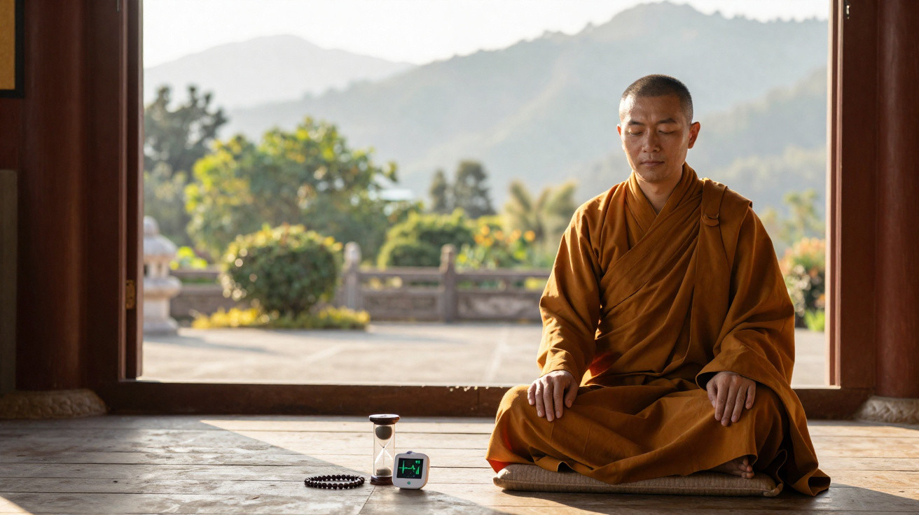 Monk in orange robes meditating cross-legged on a mat with nature and mountains in the background.