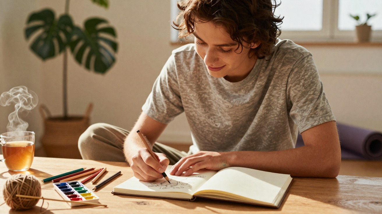 Young person sitting at a wooden table sketching in a notebook with coloured pencils and a steaming cup of tea nearby.