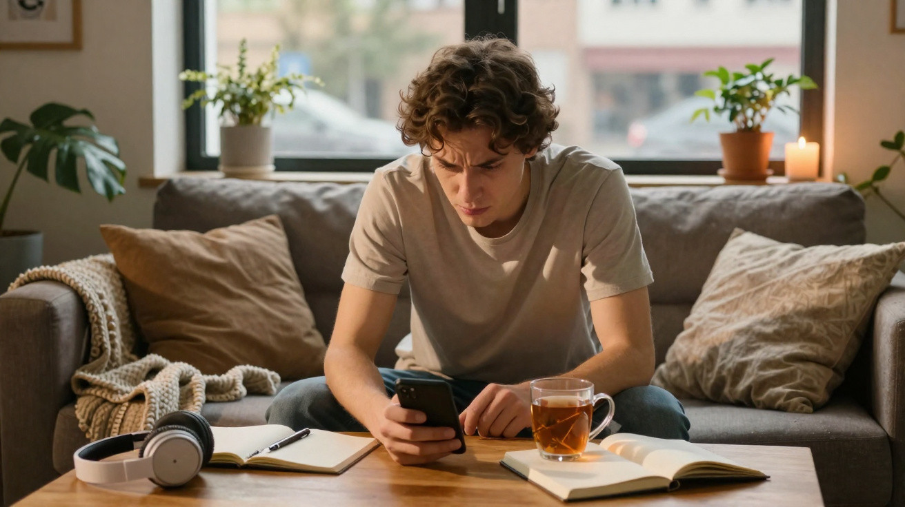 Young man sitting on sofa, focused on phone, with open books, headphones, and a cup of tea on the table.