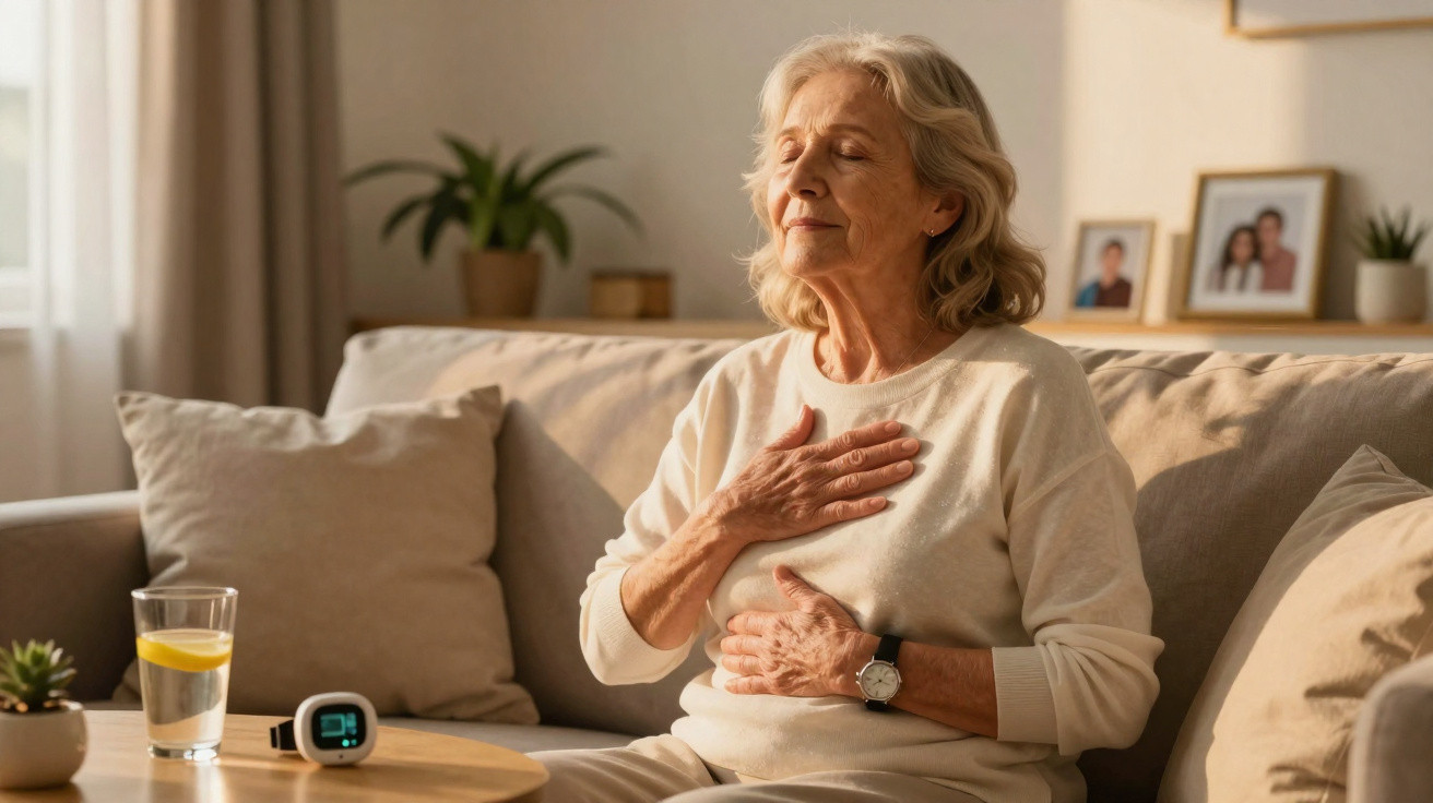 Elderly woman sitting on a sofa with eyes closed, one hand on chest and one on stomach, appearing calm.