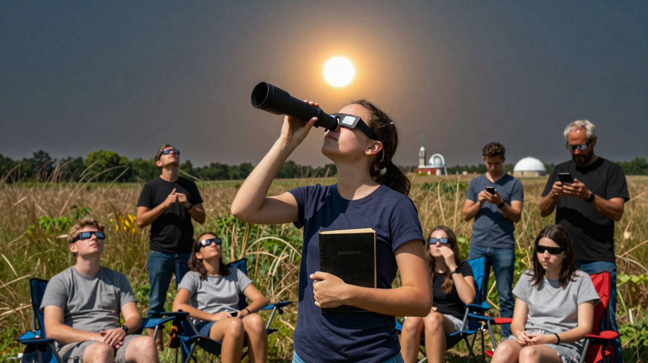 Group of people wearing solar glasses watching a solar eclipse in a grassy field during the day