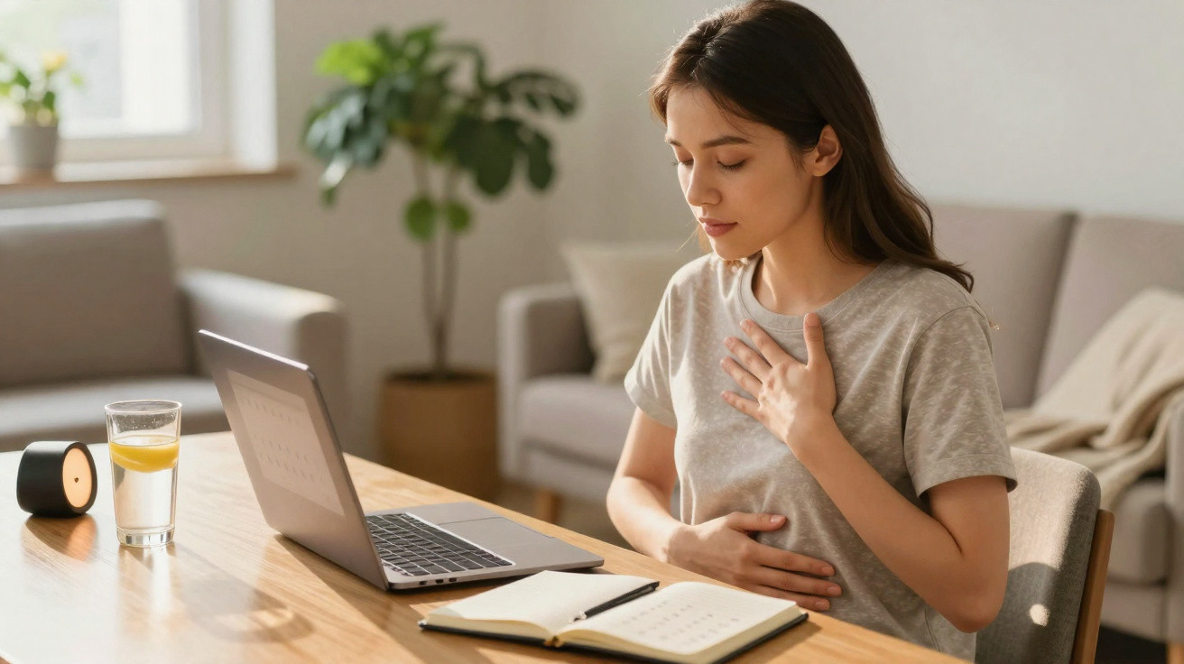 Young woman sitting at a table with laptop and notebook, holding her chest and stomach in discomfort.