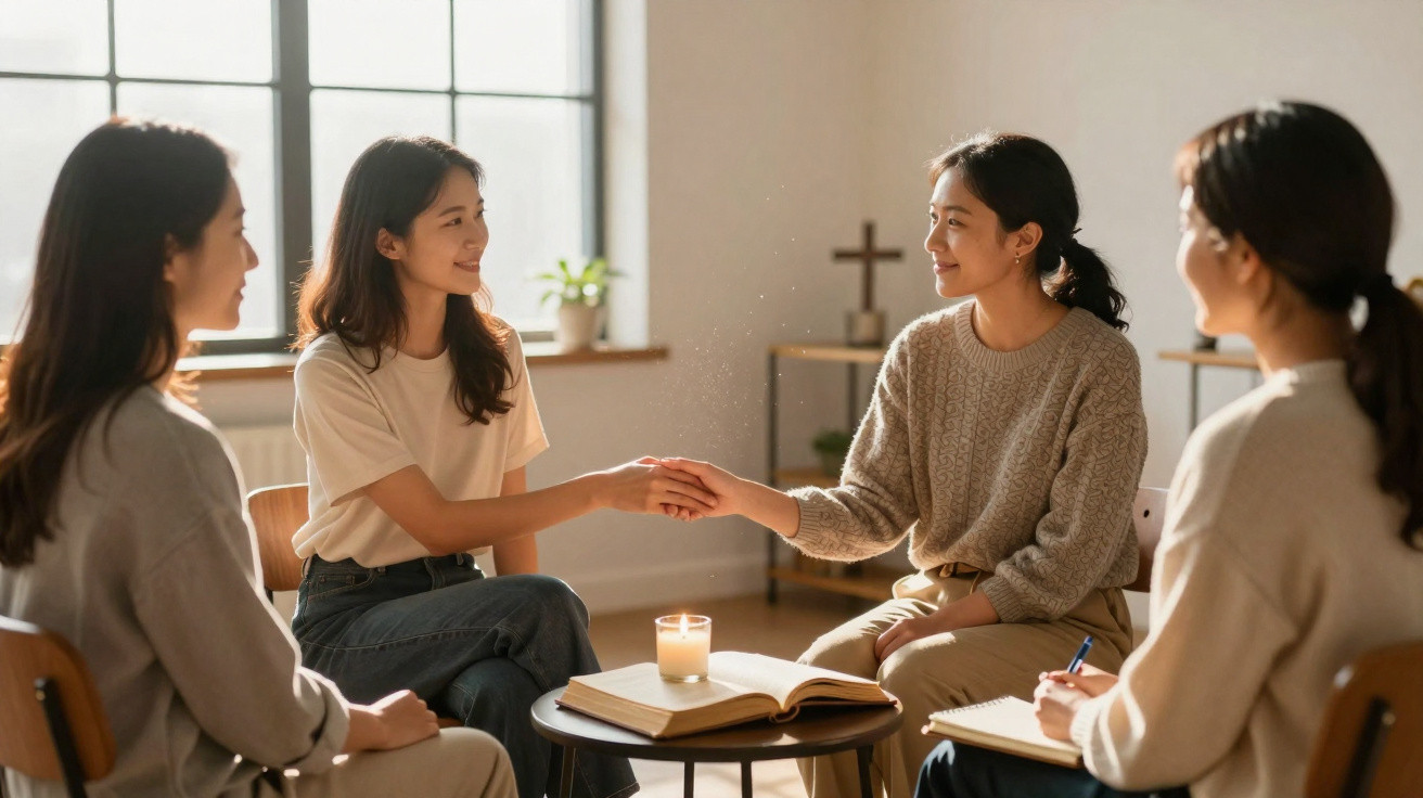 Four women sitting in a circle, one shaking hands, with an open book and lit candle on the table.