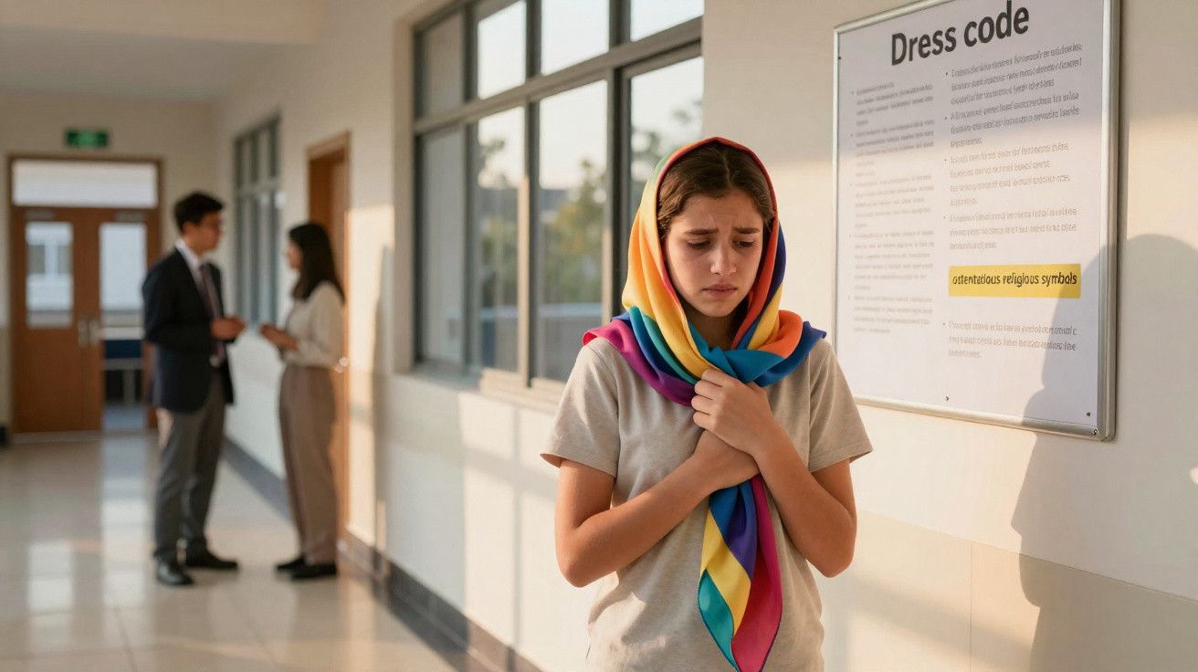 Sad girl wearing a colourful headscarf stands by a dress code sign in a school hallway with two people in the background.