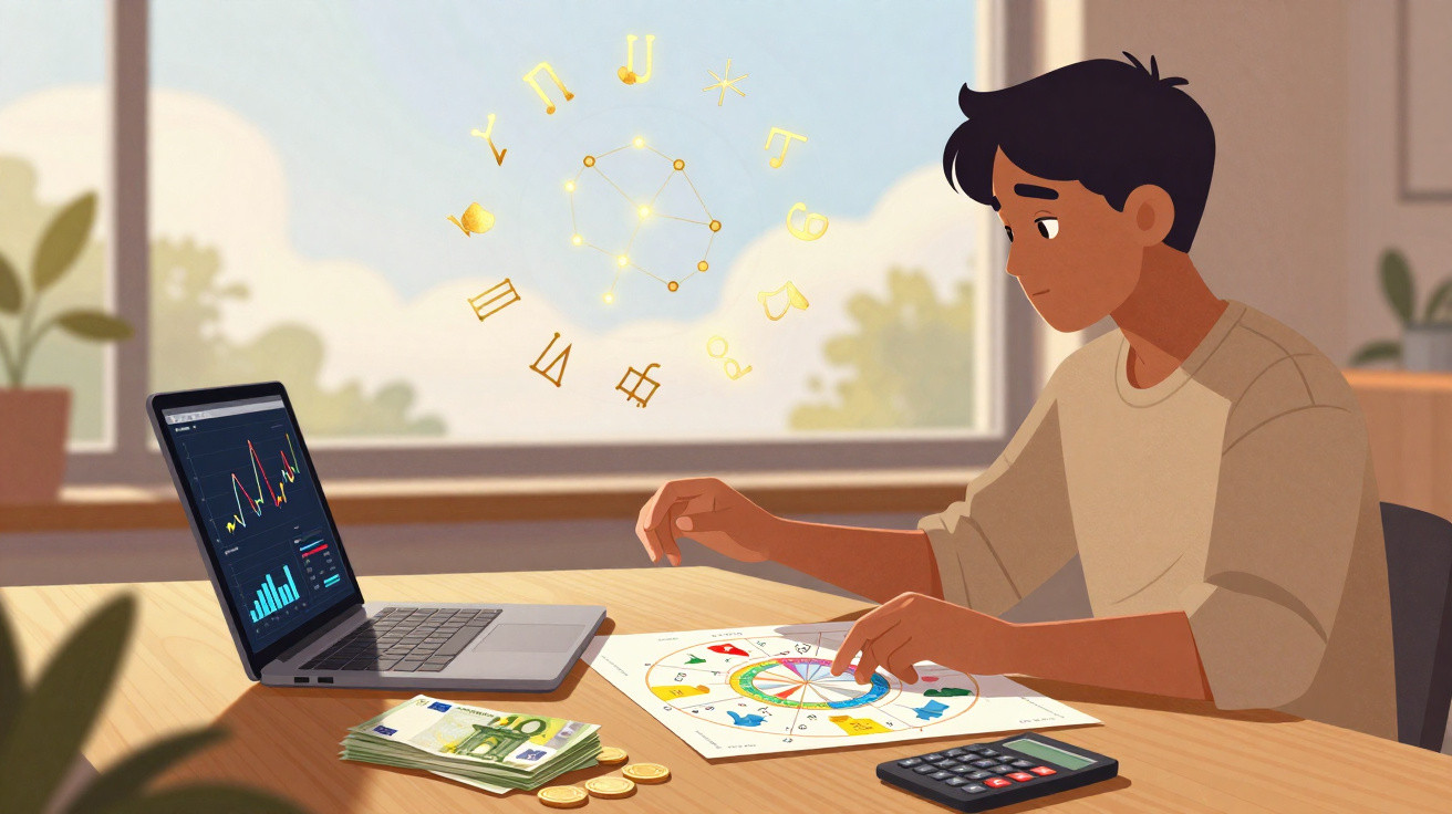 Person analysing astrological chart with laptop, money, and calculator on wooden table near window.