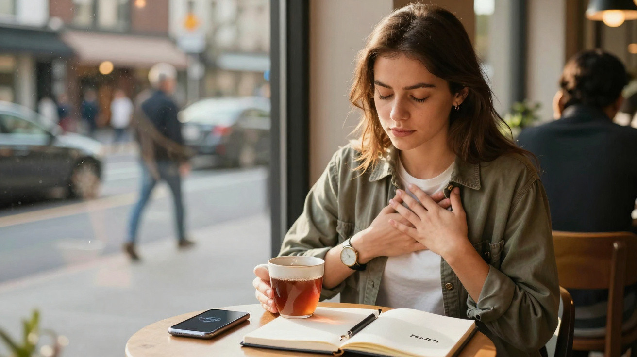 Young woman sitting at a café table holding her chest with one hand and a cup in the other, beside an open notebook.